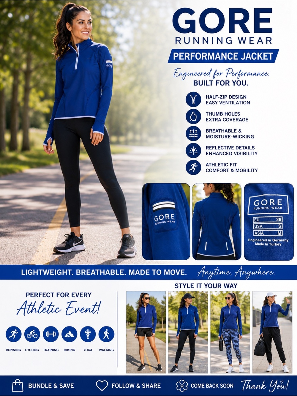 GORE Running Wear Half-Zip Performance Running Jacket – Blue – Women’s Small
